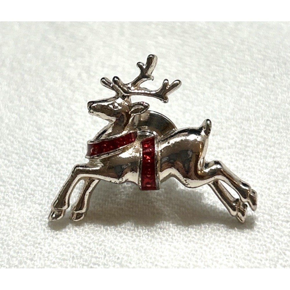 Reindeer Pin Brooch Silver Toned Metal & Red Accents Christmas Holiday Seasonal